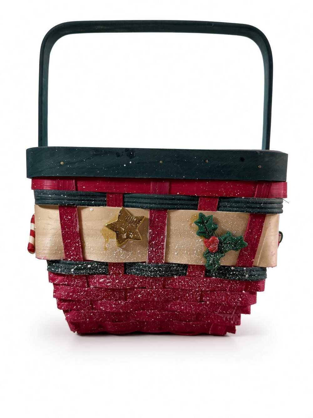 Vintage Woven Christmas Basket, Red Green Splint with Holly and Star Accents